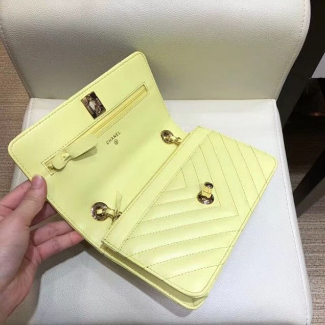 Chanel Lambskin Chevron Trendy CC Wallet On Chain WOC Bag A84456 Yellow 2018