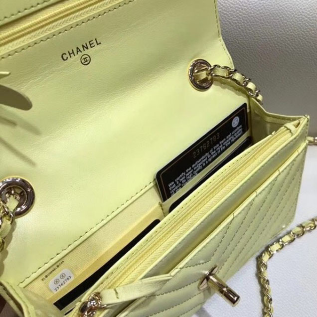 Chanel Lambskin Chevron Trendy CC Wallet On Chain WOC Bag A84456 Yellow 2018