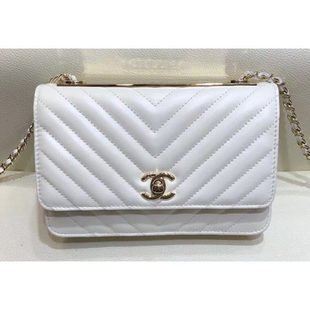 Chanel Lambskin Chevron Trendy CC Wallet On Chain WOC Bag A84456 White 2018