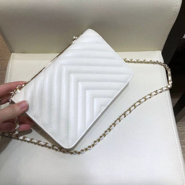 Chanel Lambskin Chevron Trendy CC Wallet On Chain WOC Bag A84456 White 2018