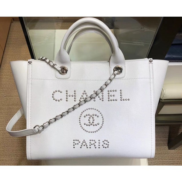 Chanel Studded Grained Calfskin Deauville Small Shopping Bag A57069 White 2018