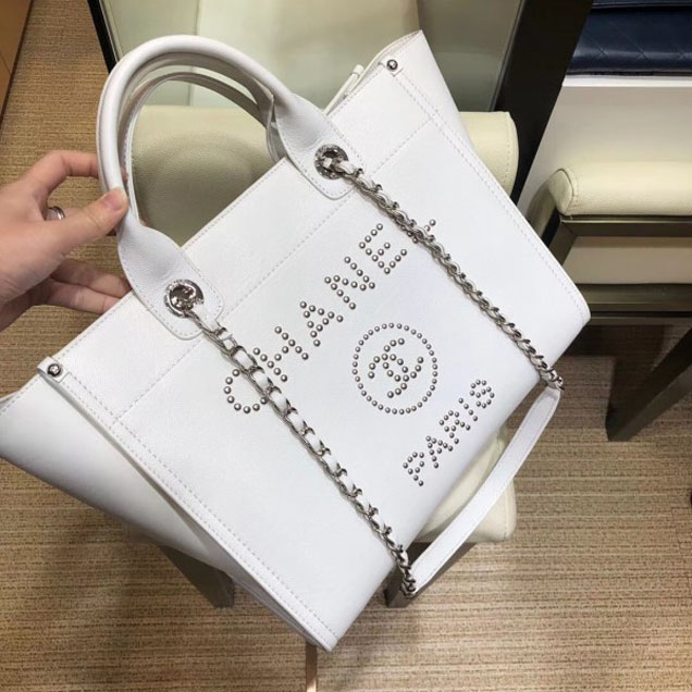 Chanel Studded Grained Calfskin Deauville Small Shopping Bag A57069 White 2018