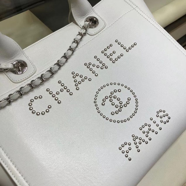 Chanel Studded Grained Calfskin Deauville Small Shopping Bag A57069 White 2018