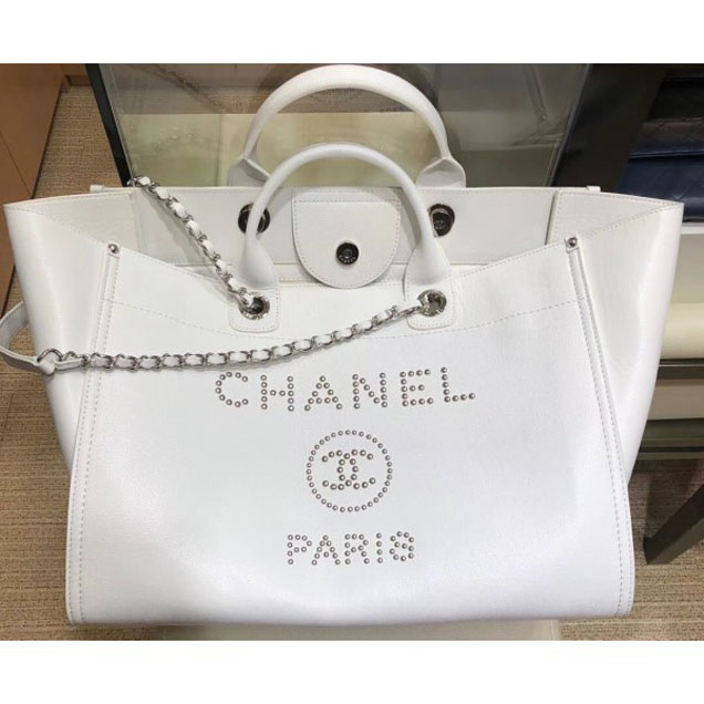 Chanel Studded Grained Calfskin Deauville Medium Shopping Bag A57067 White 2018