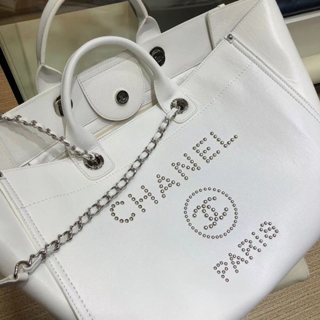 Chanel Studded Grained Calfskin Deauville Medium Shopping Bag A57067 White 2018