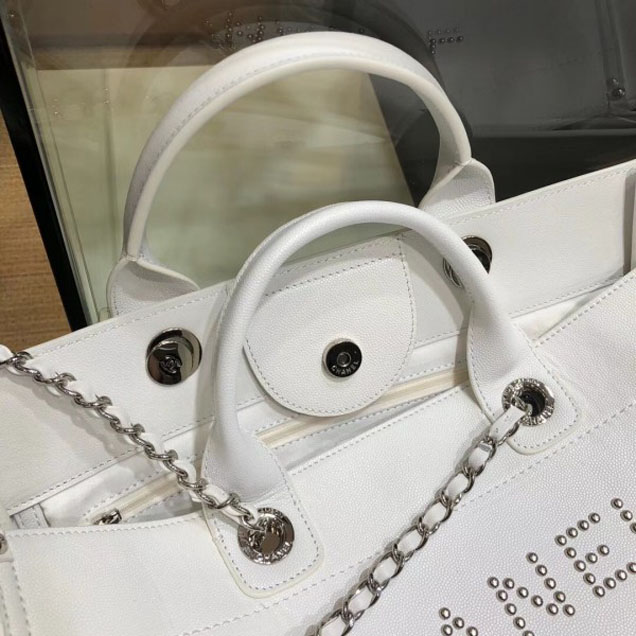 Chanel Studded Grained Calfskin Deauville Medium Shopping Bag A57067 White 2018