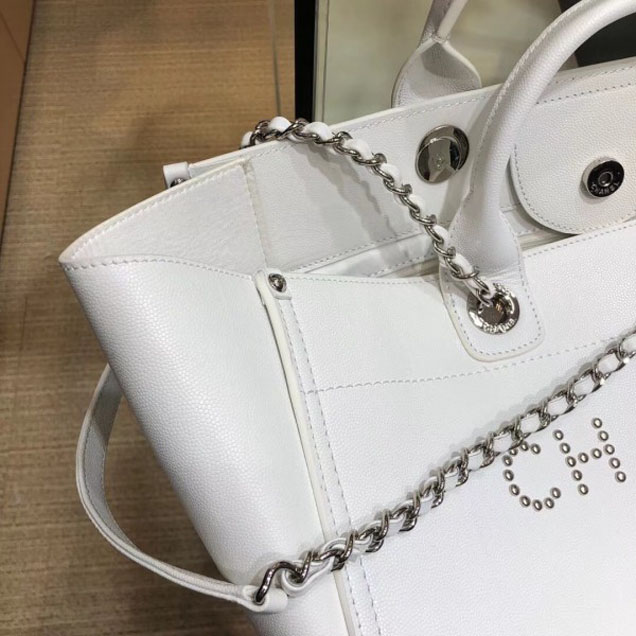 Chanel Studded Grained Calfskin Deauville Medium Shopping Bag A57067 White 2018