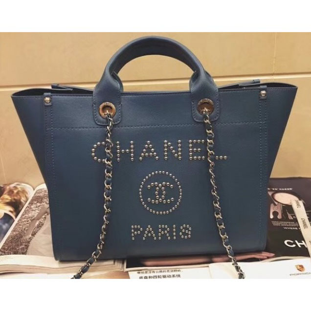 Chanel Studded Grained Calfskin Deauville Small Shopping Bag A57069 Blue 2018