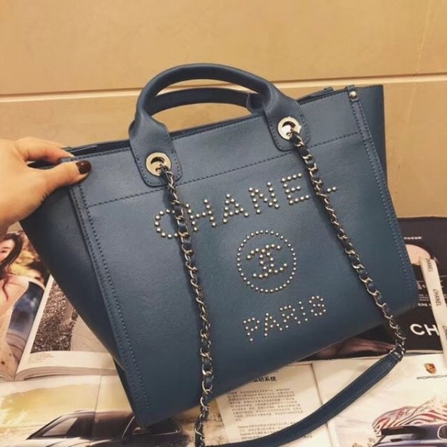 Chanel Studded Grained Calfskin Deauville Small Shopping Bag A57069 Blue 2018