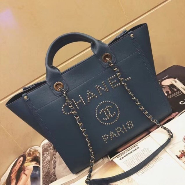 Chanel Studded Grained Calfskin Deauville Small Shopping Bag A57069 Blue 2018
