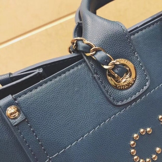 Chanel Studded Grained Calfskin Deauville Small Shopping Bag A57069 Blue 2018