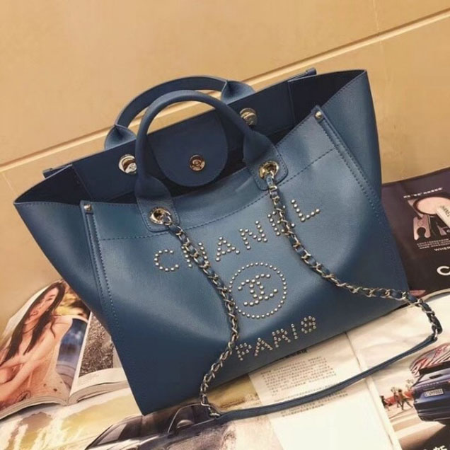Chanel Studded Grained Calfskin Deauville Small Shopping Bag A57069 Blue 2018