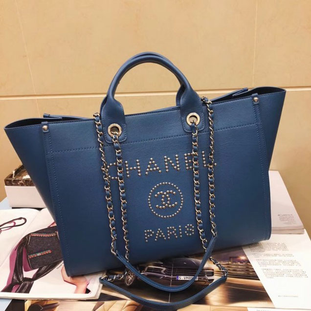 Chanel Studded Grained Calfskin Deauville Medium Shopping Bag A57067 Blue 2018