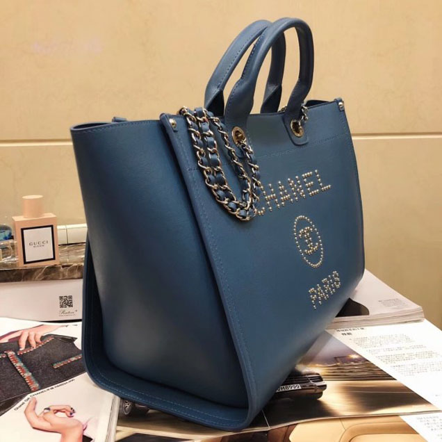 Chanel Studded Grained Calfskin Deauville Medium Shopping Bag A57067 Blue 2018