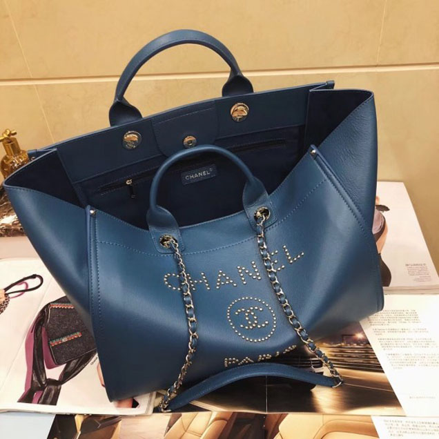 Chanel Studded Grained Calfskin Deauville Medium Shopping Bag A57067 Blue 2018