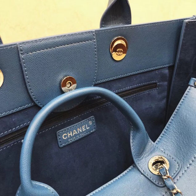 Chanel Studded Grained Calfskin Deauville Medium Shopping Bag A57067 Blue 2018