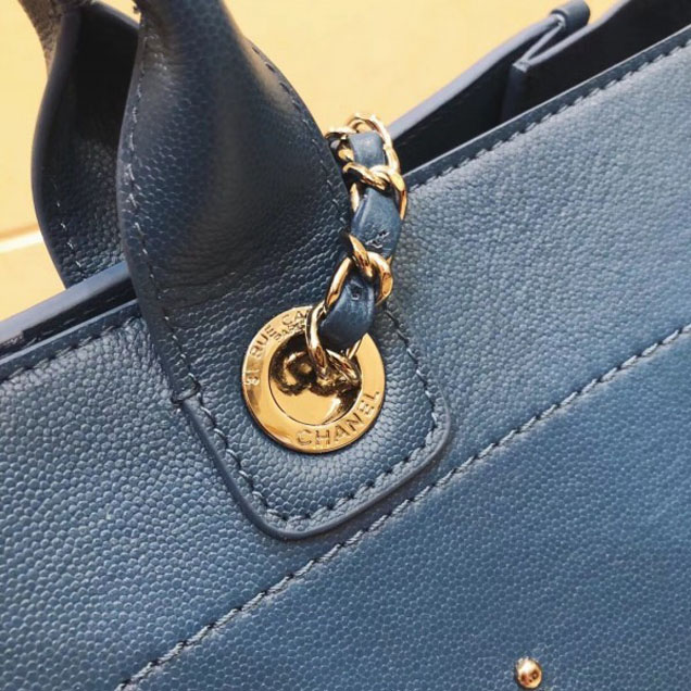Chanel Studded Grained Calfskin Deauville Medium Shopping Bag A57067 Blue 2018