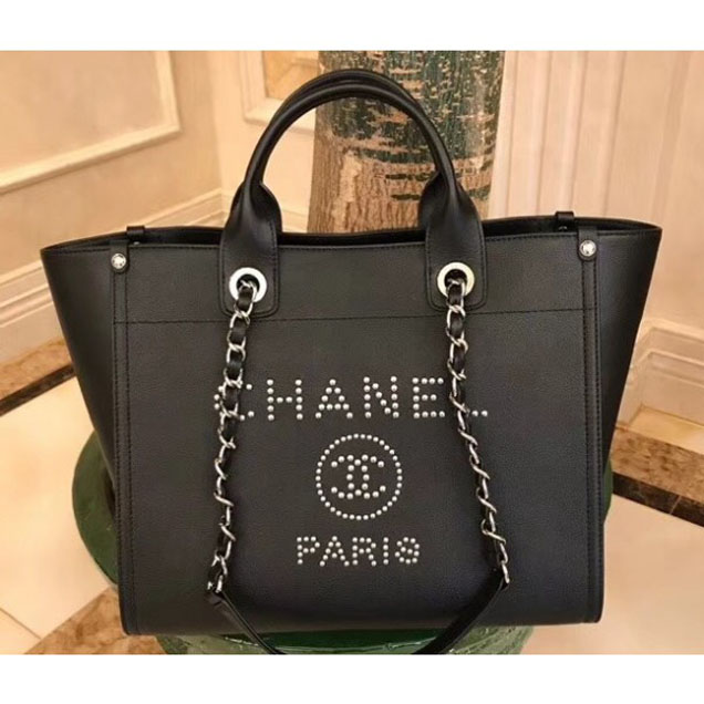 Chanel Studded Grained Calfskin Deauville Small Shopping Bag A57069 Black 2018