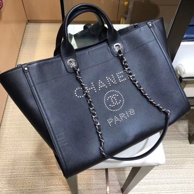 Chanel Studded Grained Calfskin Deauville Medium Shopping Bag A57067 Black 2018