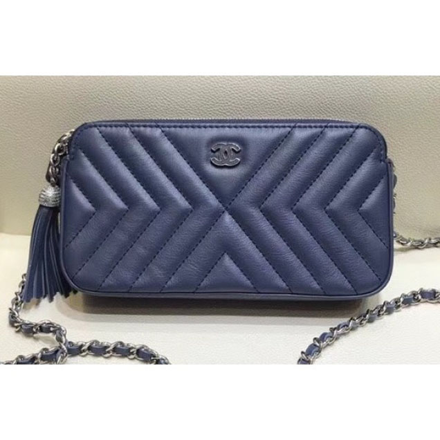 Chanel Fringe Calfskin Chain Clutch Bag A84443 Navy Blue 2018