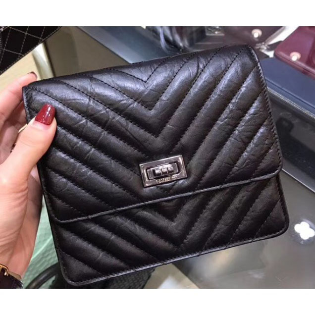 Chanel Chevron Reissue Classic Wallet On Chain WOC Bag A84310 Black