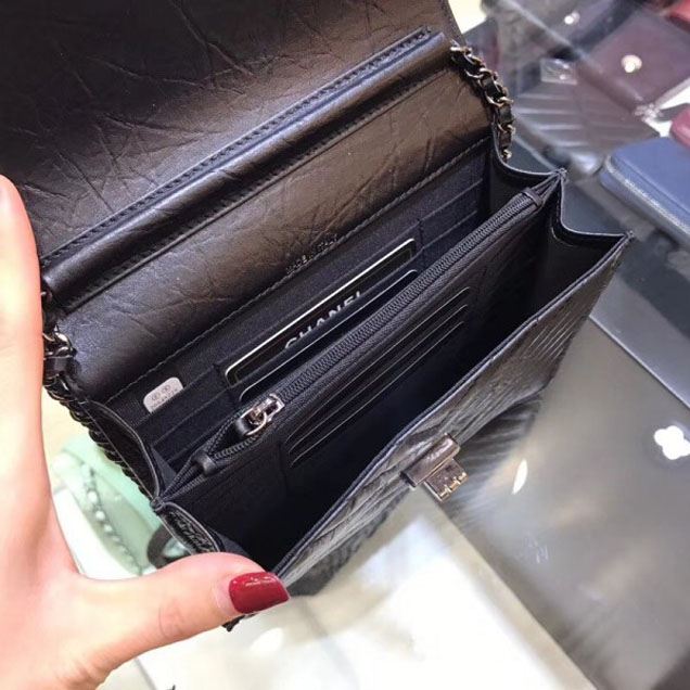 Chanel Chevron Reissue Classic Wallet On Chain WOC Bag A84310 Black