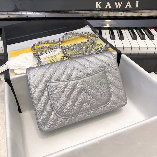 Chanel Small Classic Handbag Grained Calfskin & silver-Tone Metal A69900 silver