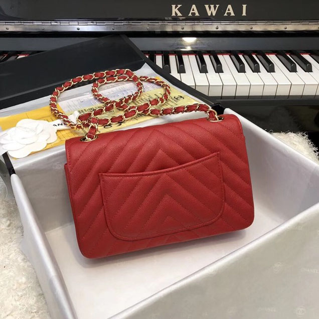 Chanel Small Classic Handbag Grained Calfskin & Gold-Tone Metal A69900 red