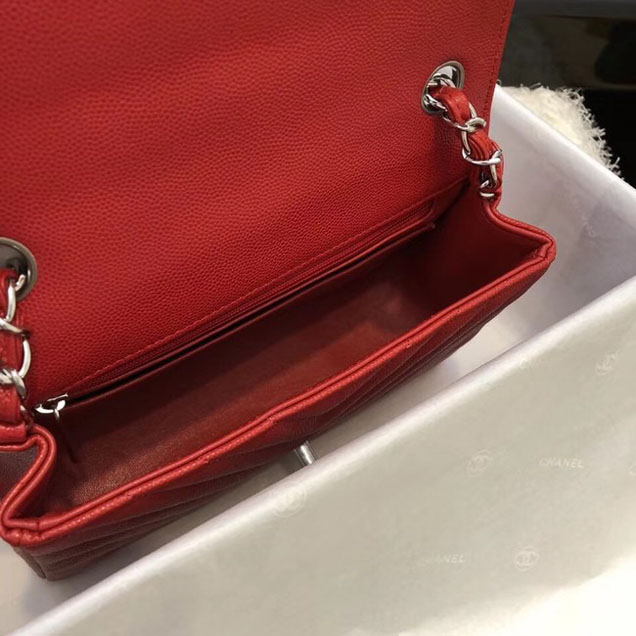 Chanel Small Classic Handbag Grained Calfskin & silver-Tone Metal A69900 red