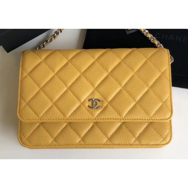 Chanel Pearl Caviar Leather Wallet On Chain WOC Bag Yellow 2018