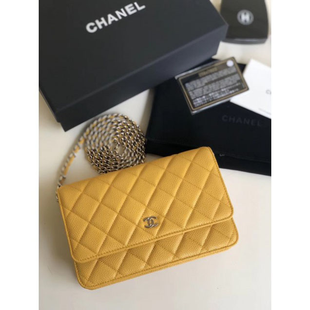 Chanel Pearl Caviar Leather Wallet On Chain WOC Bag Yellow 2018