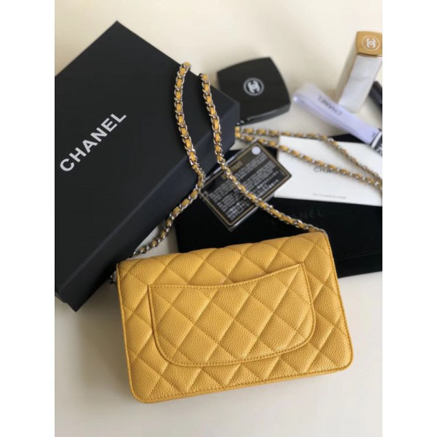 Chanel Pearl Caviar Leather Wallet On Chain WOC Bag Yellow 2018