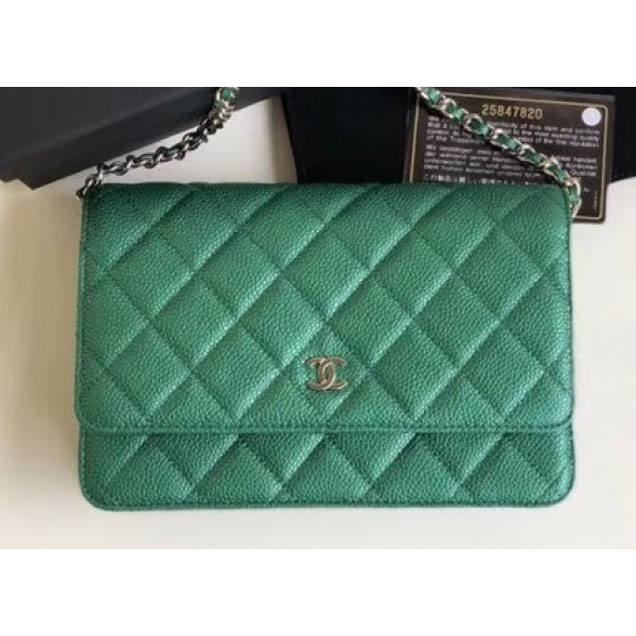 Chanel Pearl Caviar Leather Wallet On Chain WOC Bag Green 2018