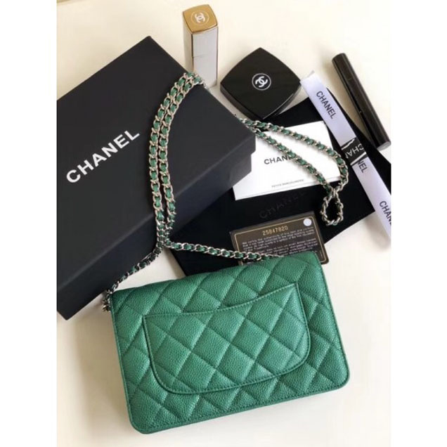 Chanel Pearl Caviar Leather Wallet On Chain WOC Bag Green 2018