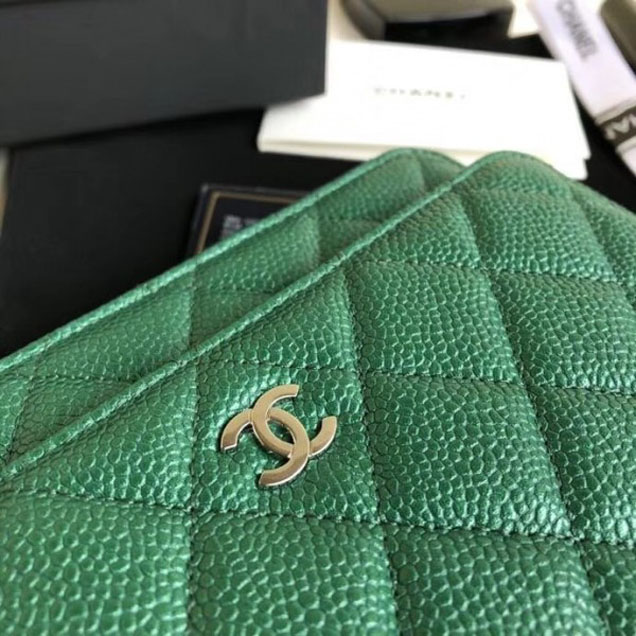 Chanel Pearl Caviar Leather Wallet On Chain WOC Bag Green 2018