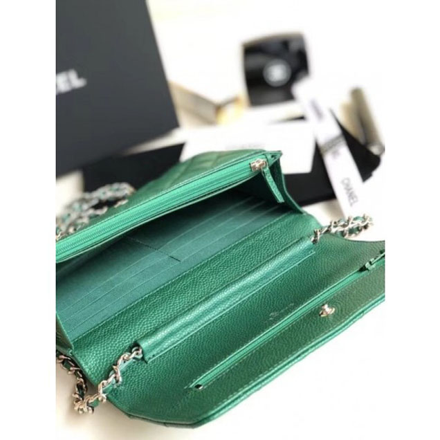 Chanel Pearl Caviar Leather Wallet On Chain WOC Bag Green 2018
