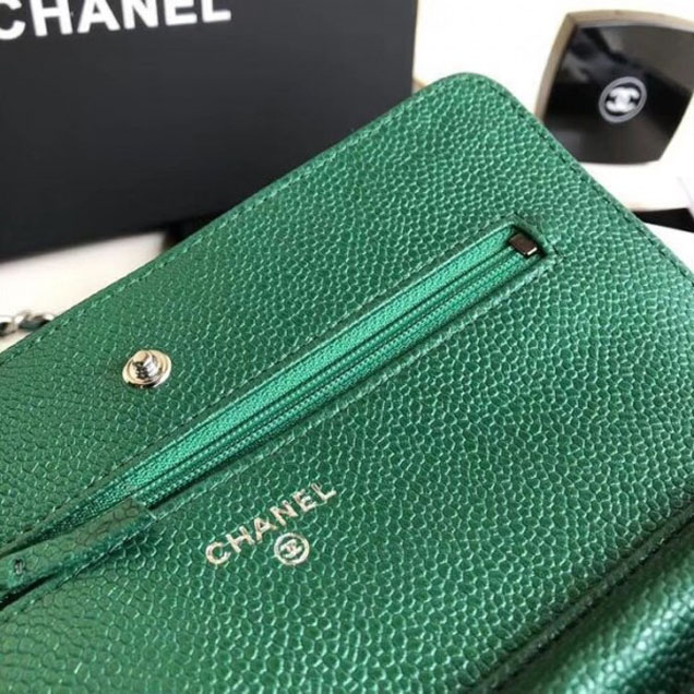 Chanel Pearl Caviar Leather Wallet On Chain WOC Bag Green 2018