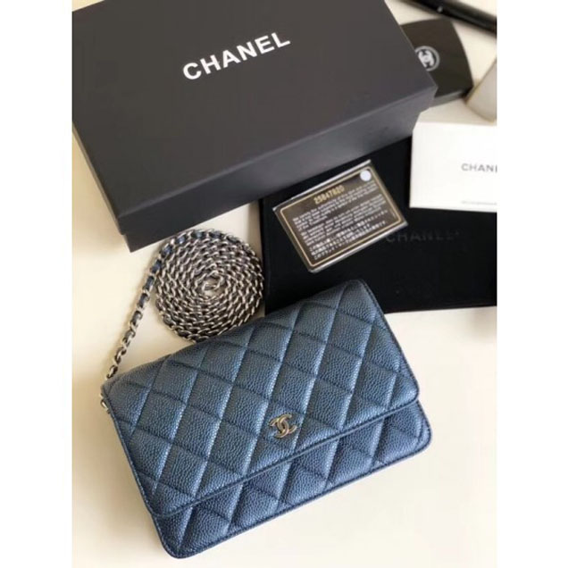 Chanel Pearl Caviar Leather Wallet On Chain WOC Bag Navy Blue 2018