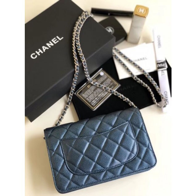 Chanel Pearl Caviar Leather Wallet On Chain WOC Bag Navy Blue 2018