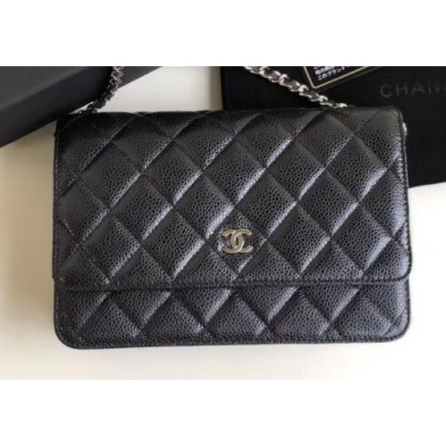 Chanel Pearl Caviar Leather Wallet On Chain WOC Bag Black 2018