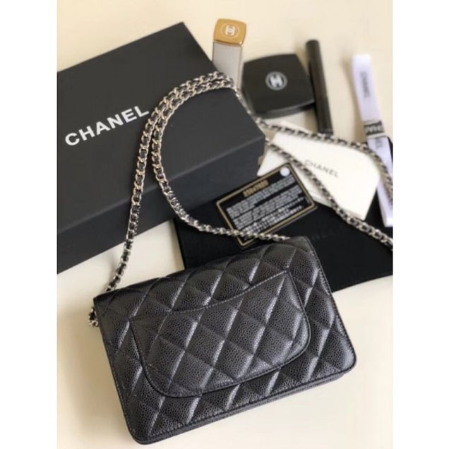 Chanel Pearl Caviar Leather Wallet On Chain WOC Bag Black 2018