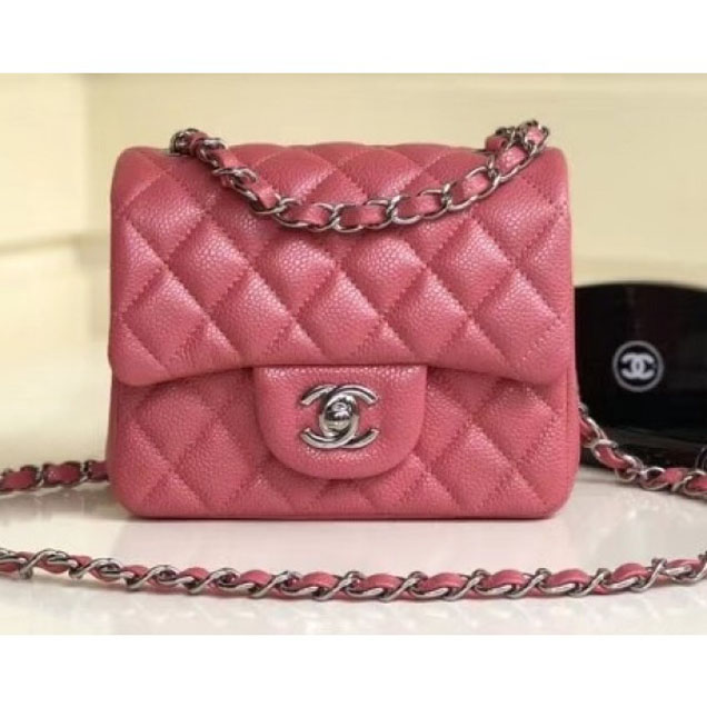 Chanel Pearl Caviar Leather Classic Flap Mini Bag Dark Pink 2018