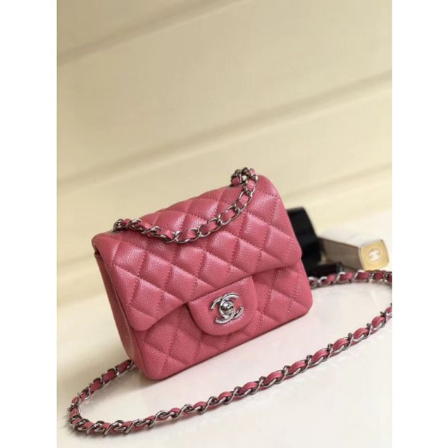 Chanel Pearl Caviar Leather Classic Flap Mini Bag Dark Pink 2018