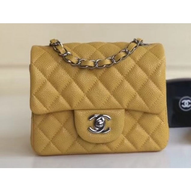 Chanel Pearl Caviar Leather Classic Flap Mini Bag Yellow 2018