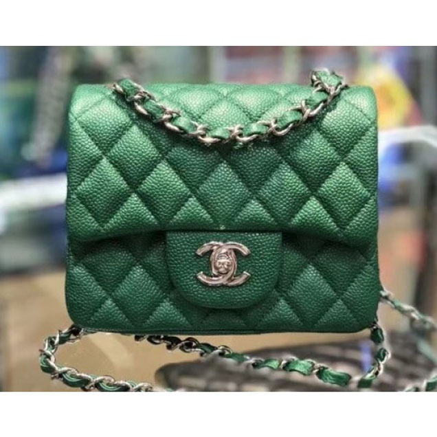 Chanel Pearl Caviar Leather Classic Flap Mini Bag Green 2018