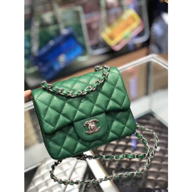 Chanel Pearl Caviar Leather Classic Flap Mini Bag Green 2018