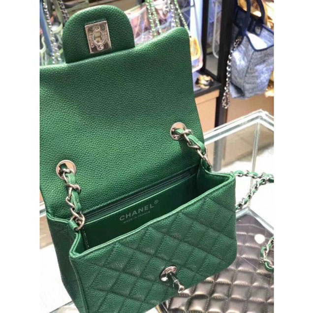 Chanel Pearl Caviar Leather Classic Flap Mini Bag Green 2018