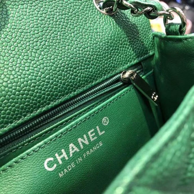 Chanel Pearl Caviar Leather Classic Flap Mini Bag Green 2018