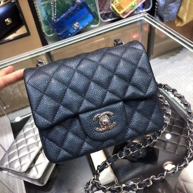 Chanel Pearl Caviar Leather Classic Flap Mini Bag Navy Blue 2018