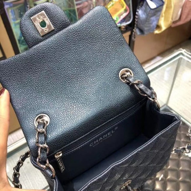 Chanel Pearl Caviar Leather Classic Flap Mini Bag Navy Blue 2018